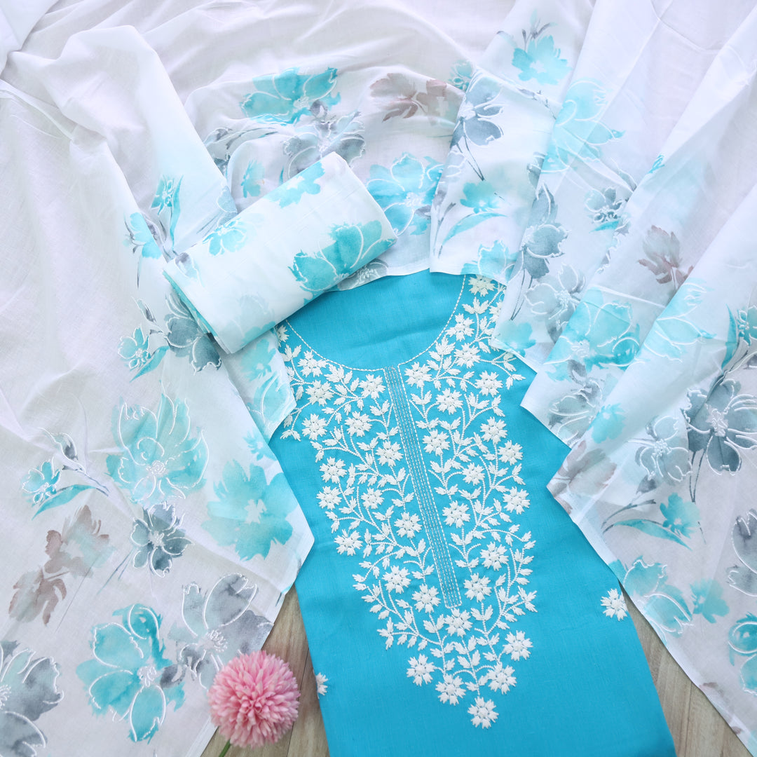 Rubiya Aqua lake Blue Inspired Chikankari Work Neck Cotton Suit Set