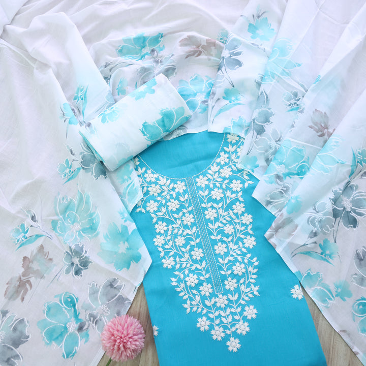 Rubiya Aqua lake Blue Inspired Chikankari Work Neck Cotton Suit Set