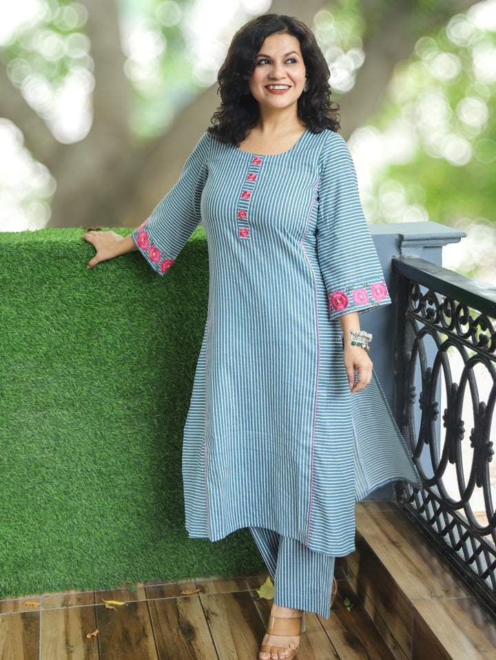 Anjani Faded Sky Blue Stripe Print Panel 2 Piece Set