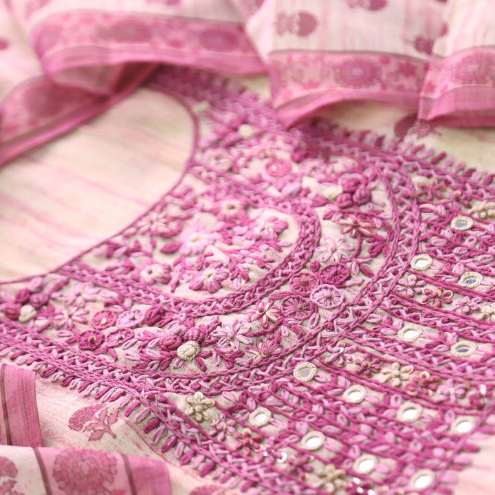 Radhi Magenta Pink Kolkata Emnroidered Shimmer Tissue Linen Set