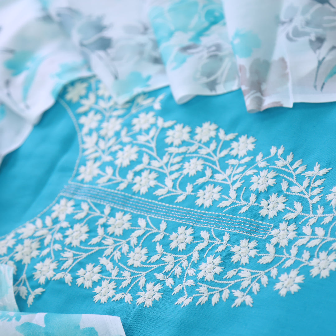 Rubiya Aqua lake Blue Inspired Chikankari Work Neck Cotton Suit Set