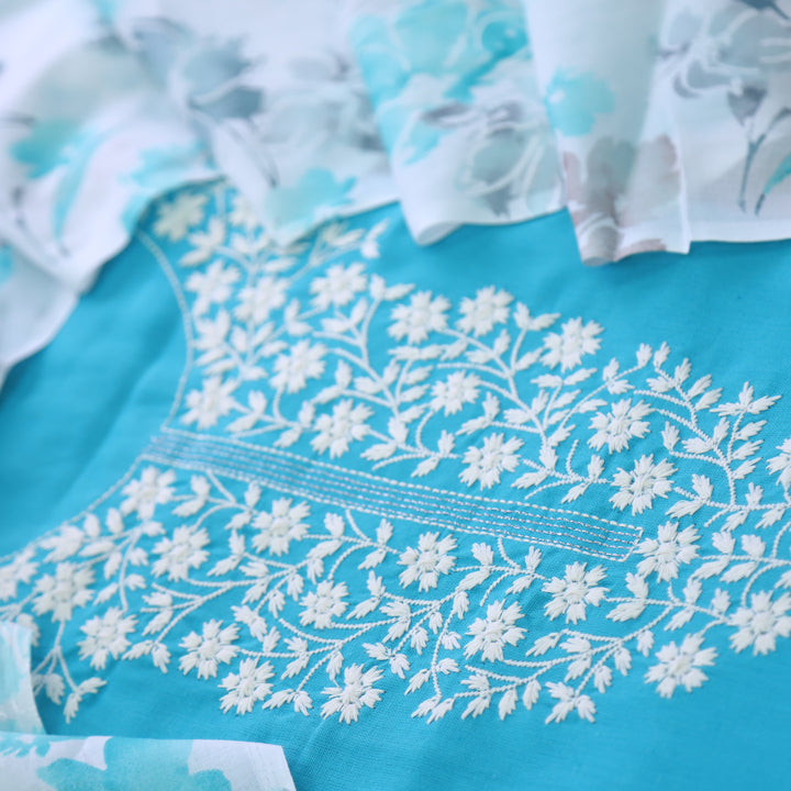 Rubiya Aqua lake Blue Inspired Chikankari Work Neck Cotton Suit Set