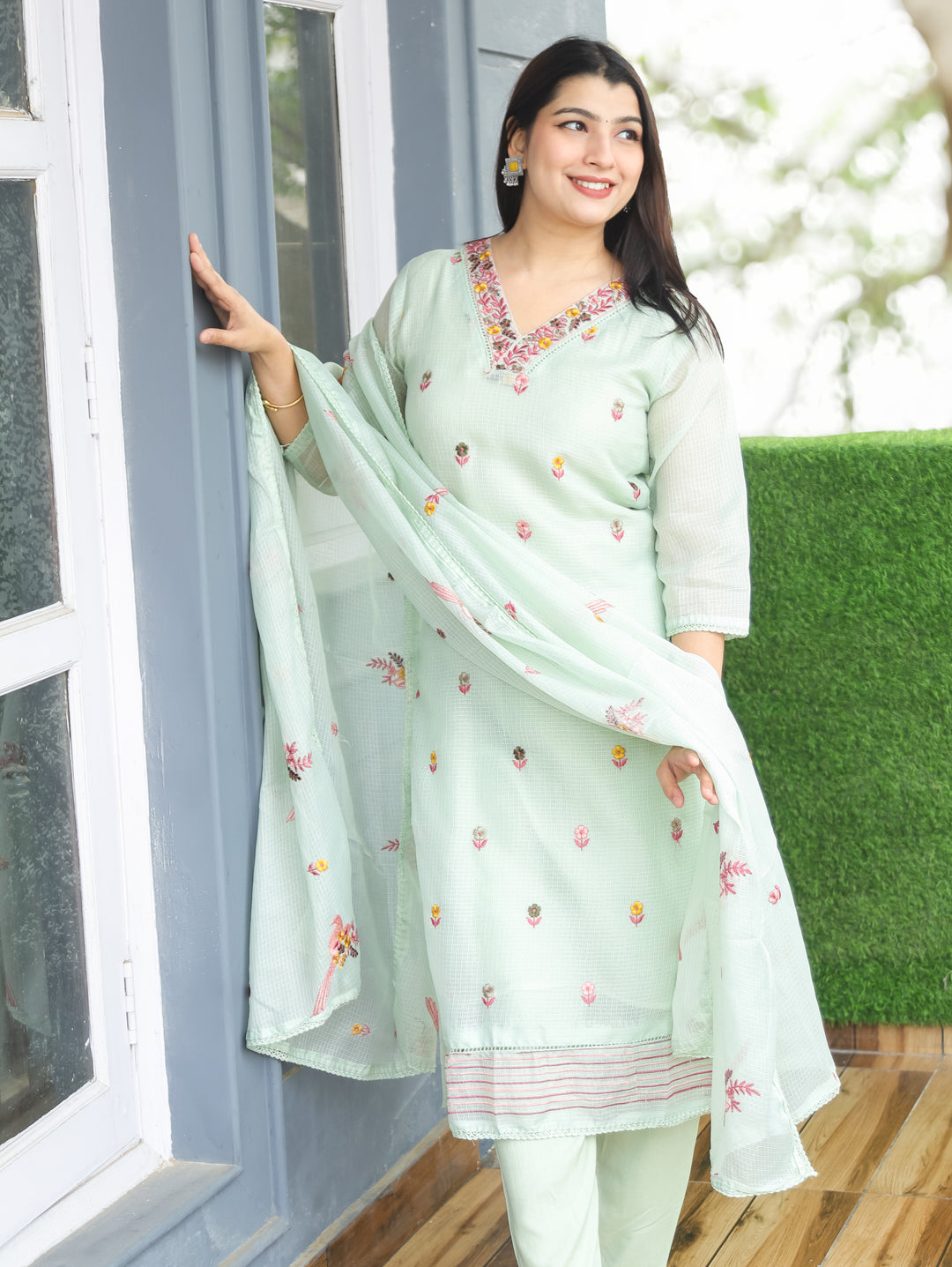 Madhavi Minty Green All Over Embroidered Work with V Neck Kota Doriya 3 Piece Set