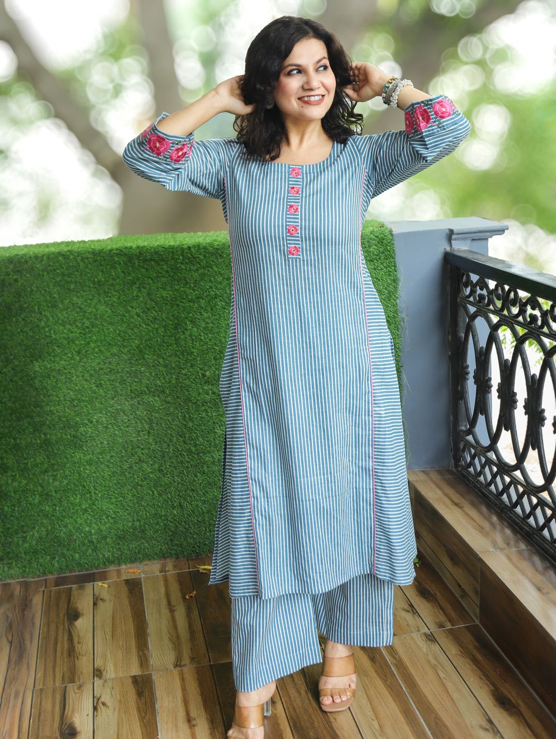Anjani Faded Sky Blue Stripe Print Panel 2 Piece Set