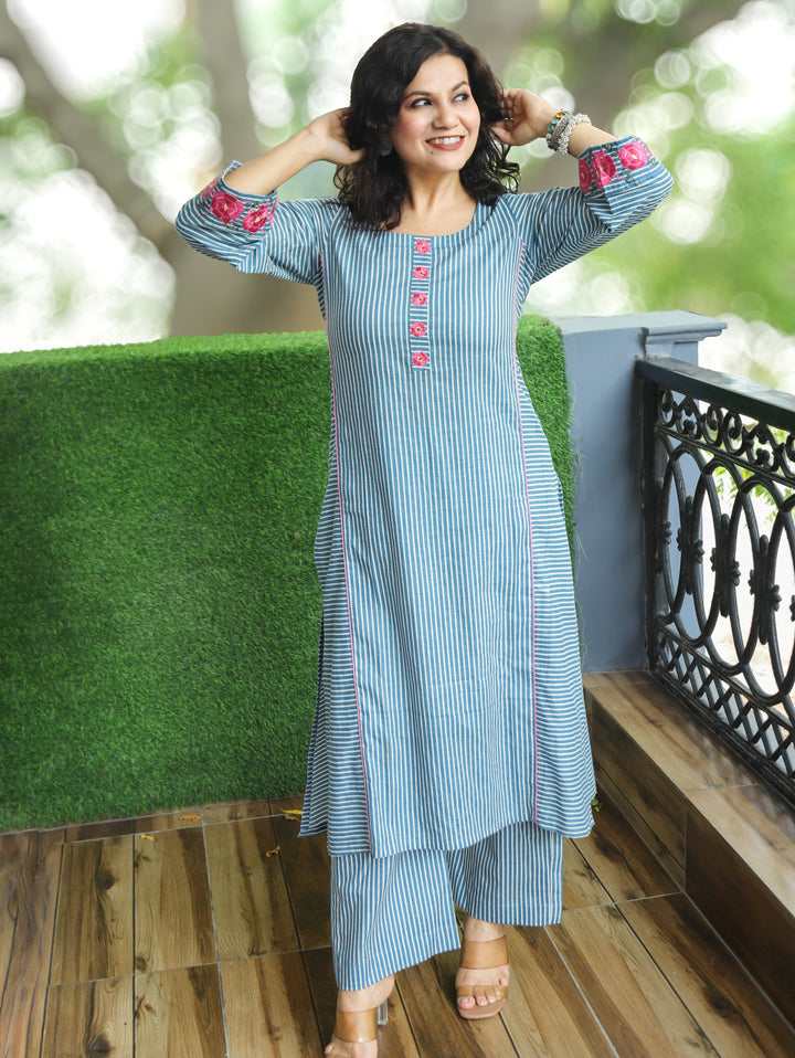 Anjani Faded Sky Blue Stripe Print Panel 2 Piece Set