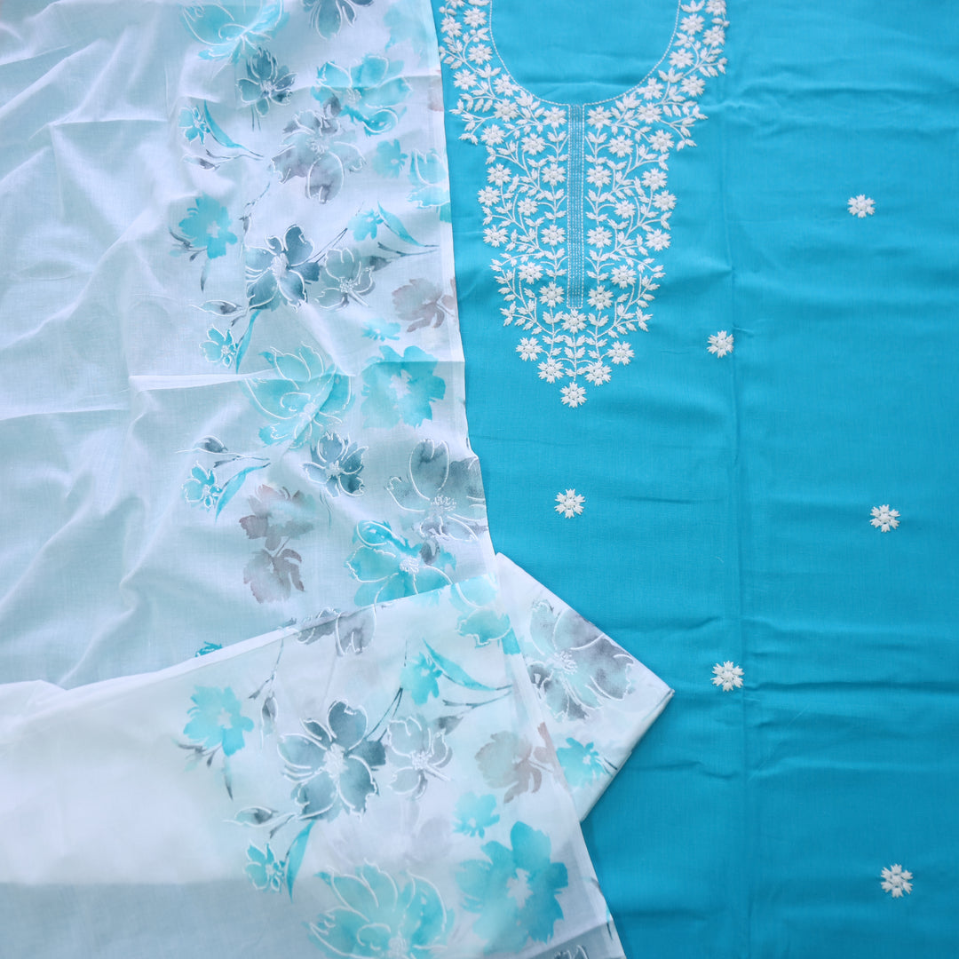 Rubiya Aqua lake Blue Inspired Chikankari Work Neck Cotton Suit Set