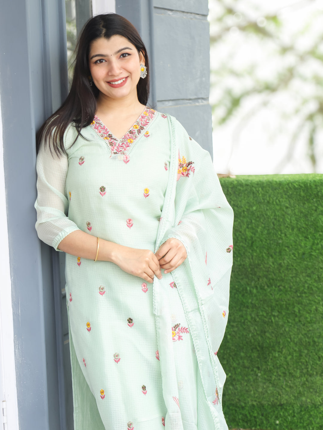 Madhavi Minty Green All Over Embroidered Work with V Neck Kota Doriya 3 Piece Set