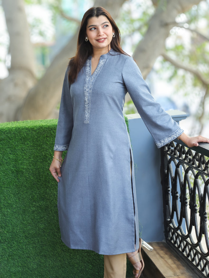 Reenaya Stone Grey Ban Collar with Floral Embroidered Patch Fleece Winter Kurti