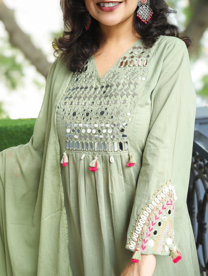 Shelly Fern Green Mirror Work Cotton 3 Piece Set