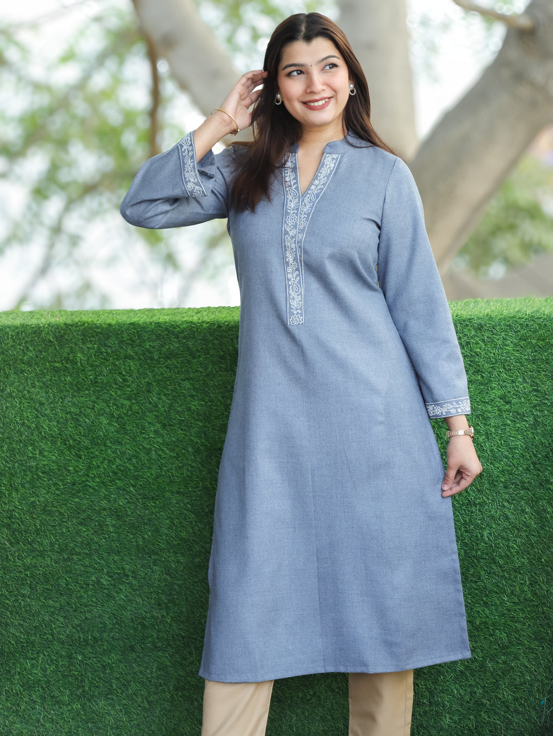 Reenaya Stone Grey Ban Collar with Floral Embroidered Patch Fleece Winter Kurti