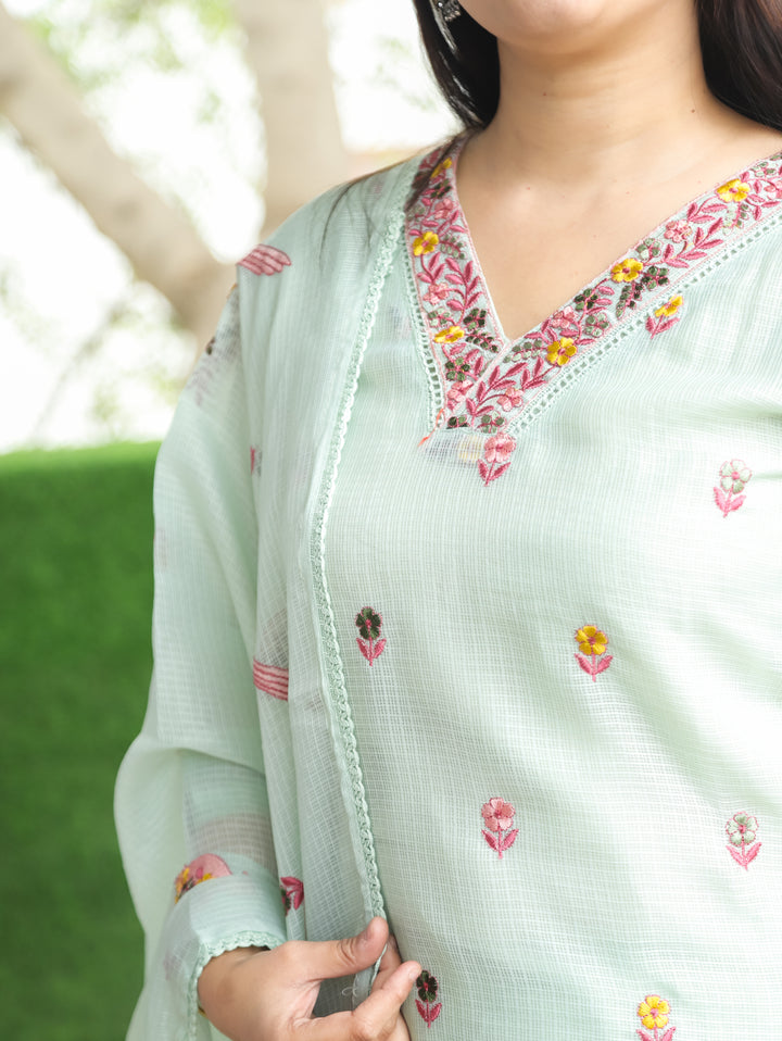 Madhavi Minty Green All Over Embroidered Work with V Neck Kota Doriya 3 Piece Set