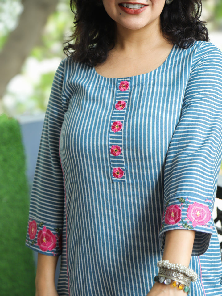 Anjani Faded Sky Blue Stripe Print Panel 2 Piece Set