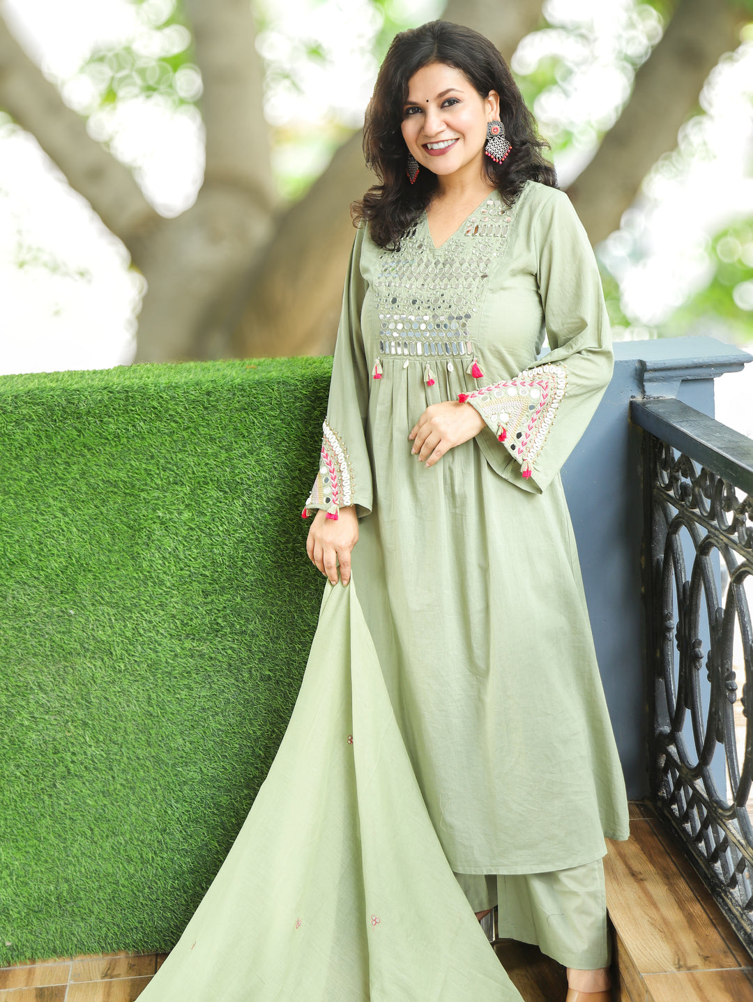 Shelly Fern Green Mirror Work Cotton 3 Piece Set