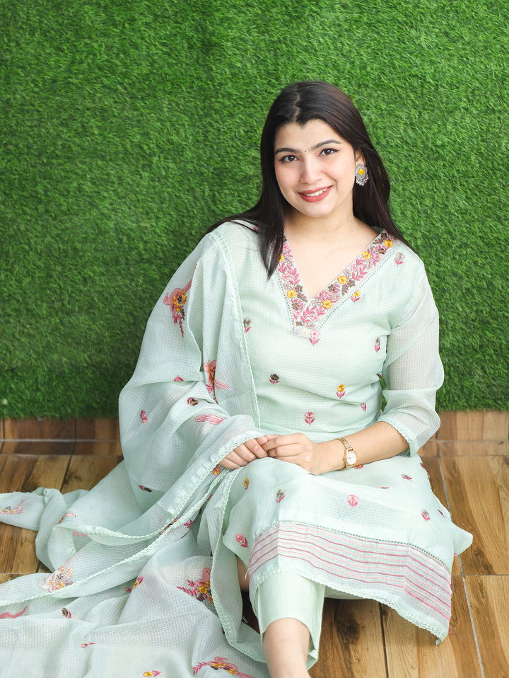 Madhavi Minty Green All Over Embroidered Work with V Neck Kota Doriya 3 Piece Set