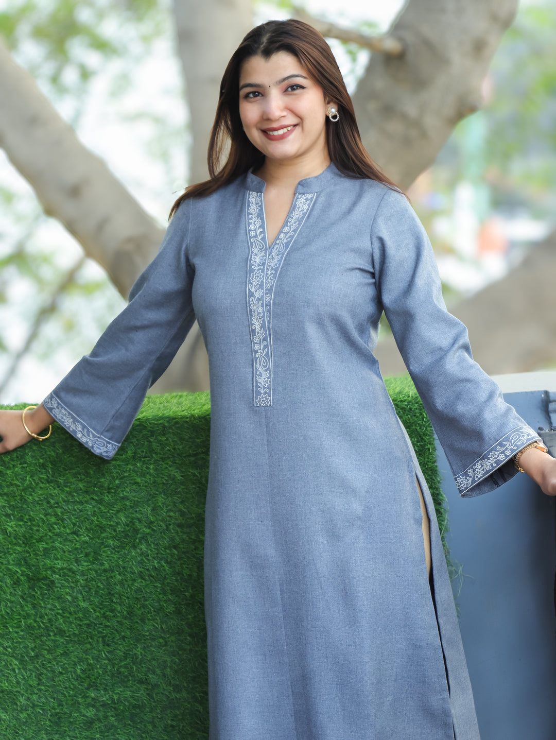 Reenaya Stone Grey Ban Collar with Floral Embroidered Patch Fleece Winter Kurti