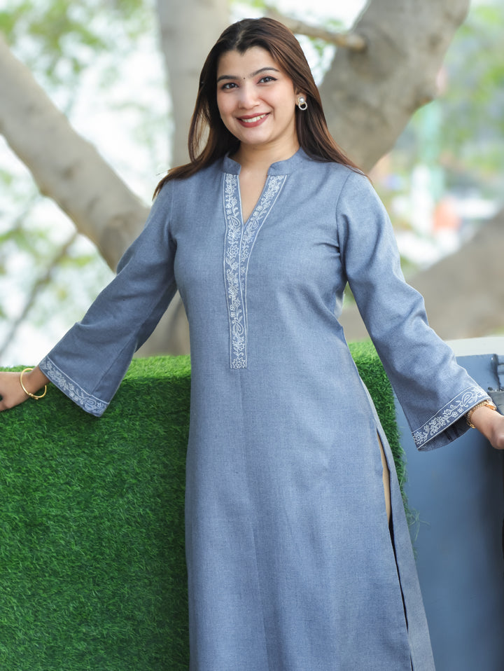 Reenaya Stone Grey Ban Collar with Floral Embroidered Patch Fleece Winter Kurti