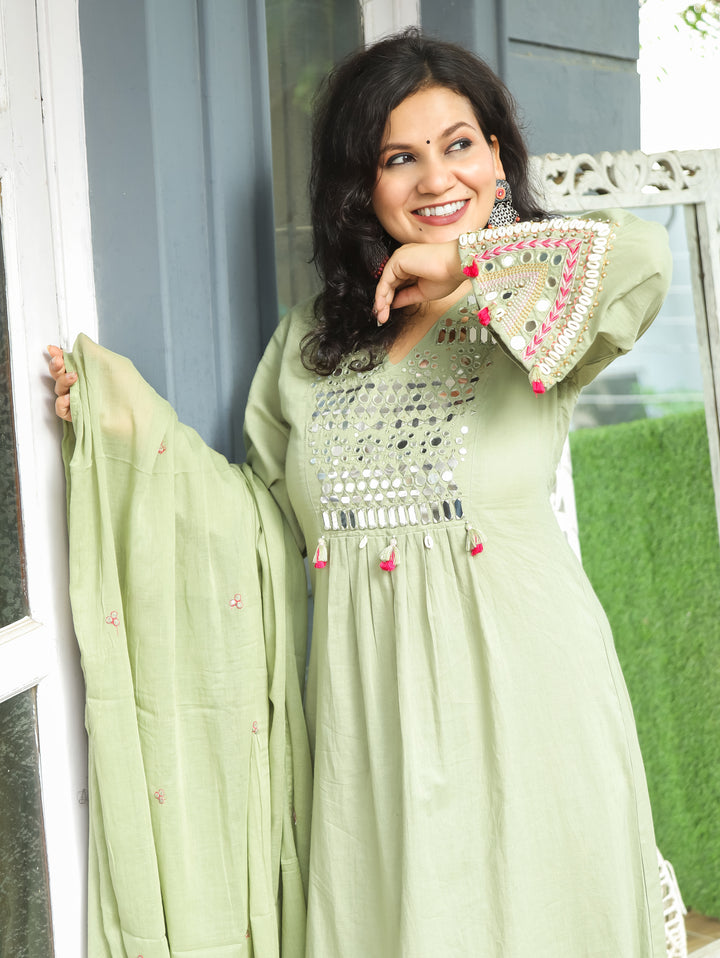 Shelly Fern Green Mirror Work Cotton 3 Piece Set