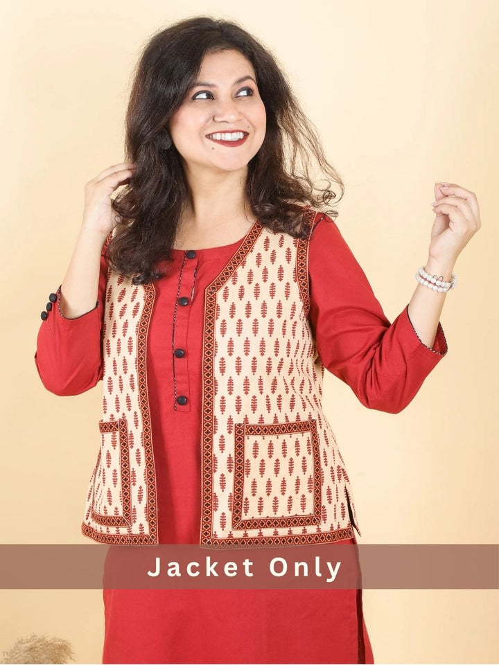 Sejal Beige with Maroon Printed Cotton Jacket with Pocket