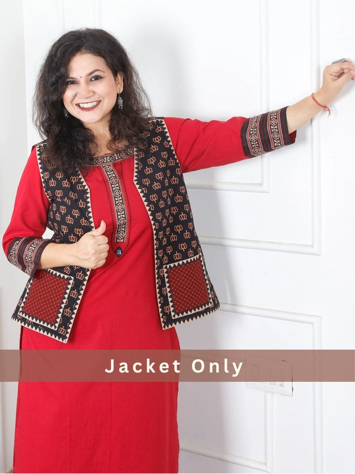 Sejal Ebony Black Lotus Printed Cotton Jacket with Pocket