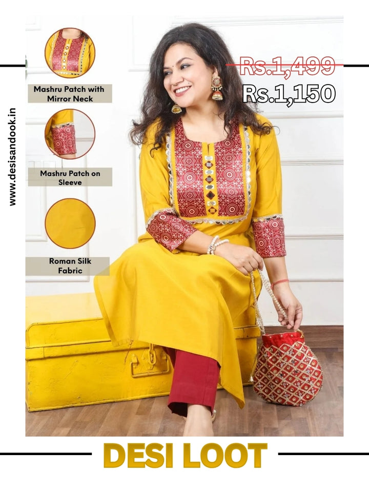 Mayuri Dijon Yellow Mashru Patch Work Neck with Mirror Lace Roman Silk Kurti