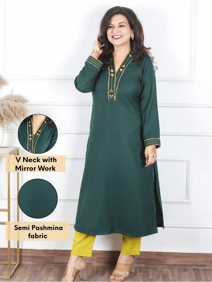 Priti Dark Green Semi Pashmina V-Neck Mirror Work Winter Kurti