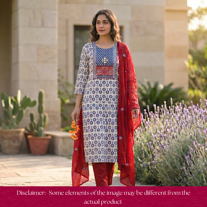 Roop Ice Blue Mirror Work Kutch Fusion Neck Dabu Print Cotton Set