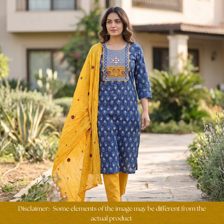 Roop Indigo Blue Mirror Work Kutch Fusion Neck Dabu Print Cotton Set