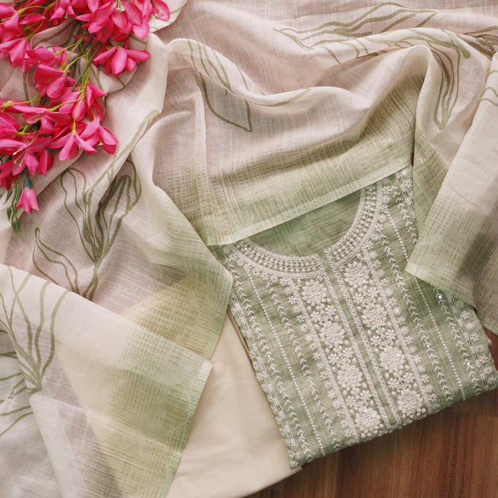 Farista Mint Green Thread Embroidered Neck Work Printed Cotton Linen Set