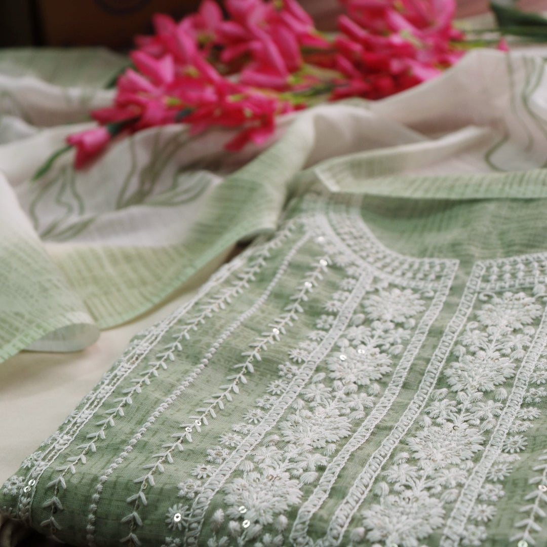 Farista Mint Green Thread Embroidered Neck Work Printed Cotton Linen Set