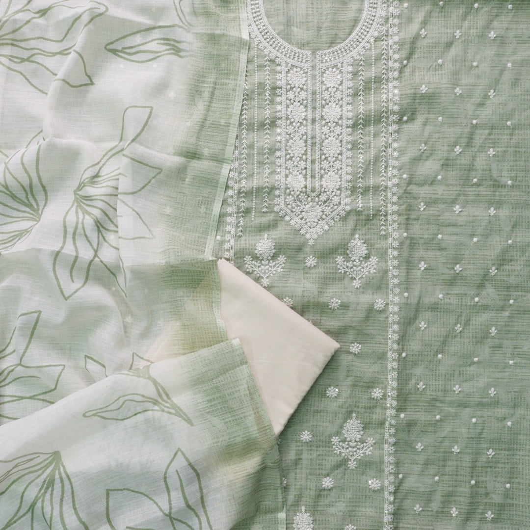 Farista Mint Green Thread Embroidered Neck Work Printed Cotton Linen Set