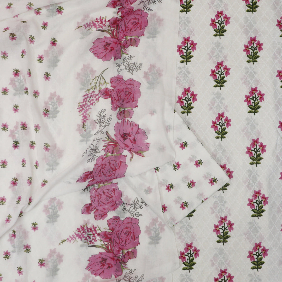 Phooleri White with Pink Floral Print Thread Embroidered Hem Cotton Suit Set