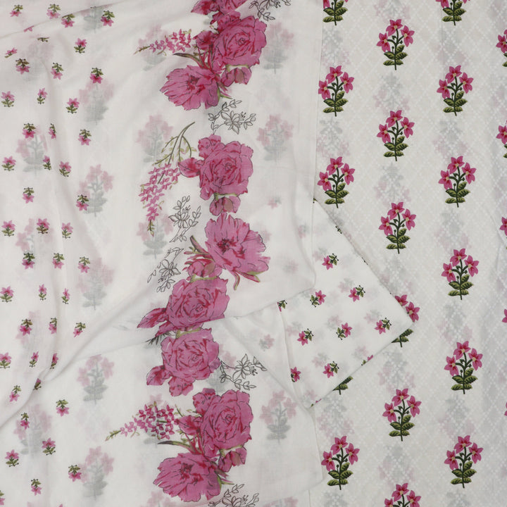 Phooleri White with Pink Floral Print Thread Embroidered Hem Cotton Suit Set