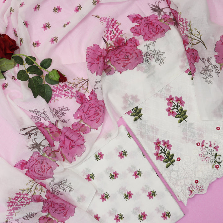 Phooleri White with Pink Floral Print Thread Embroidered Hem Cotton Suit Set