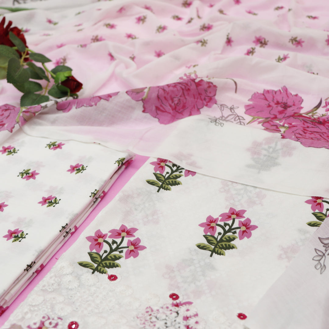 Phooleri White with Pink Floral Print Thread Embroidered Hem Cotton Suit Set