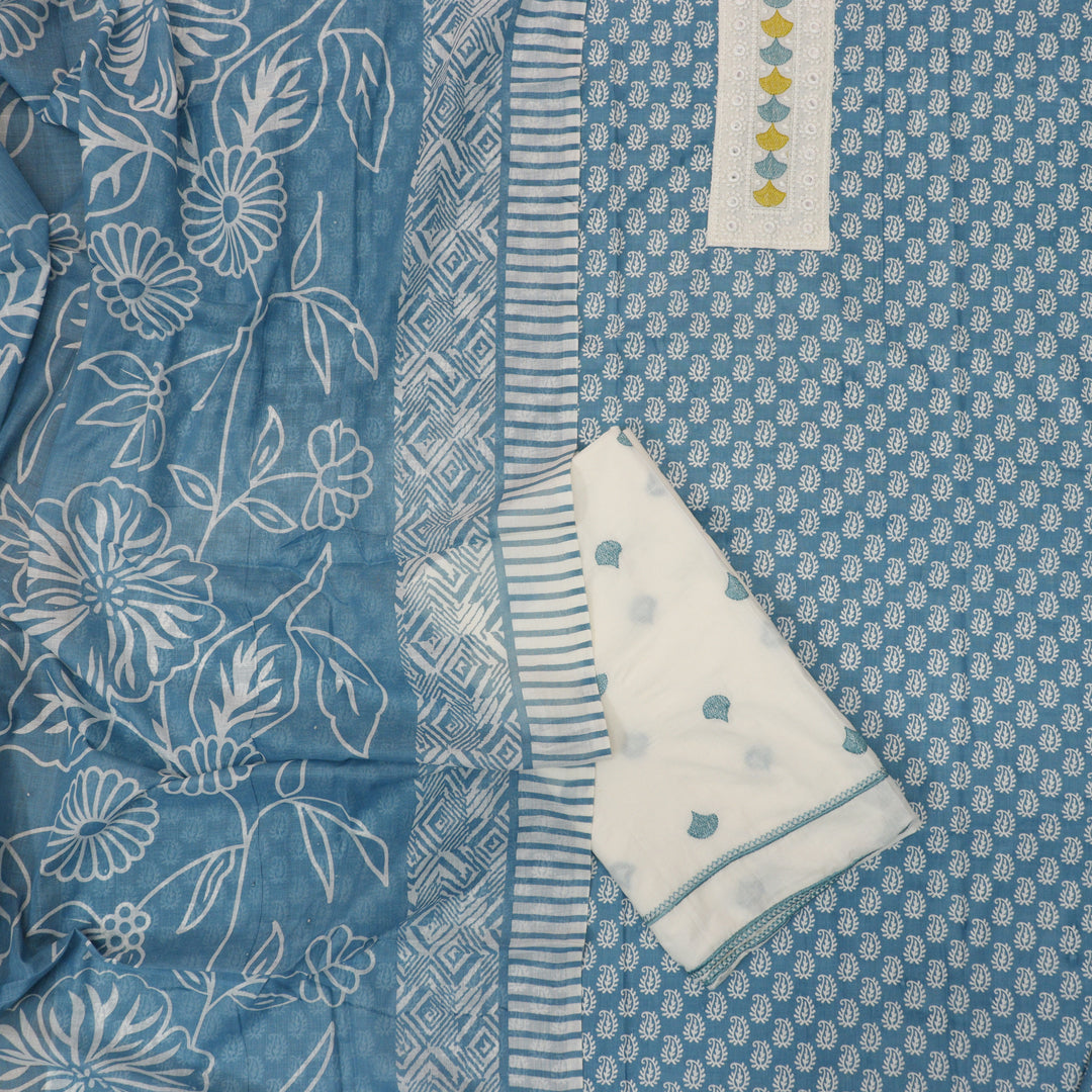 Farhana Sapphire Blue Lace Patch Neck in Printed Cotton Suit Set