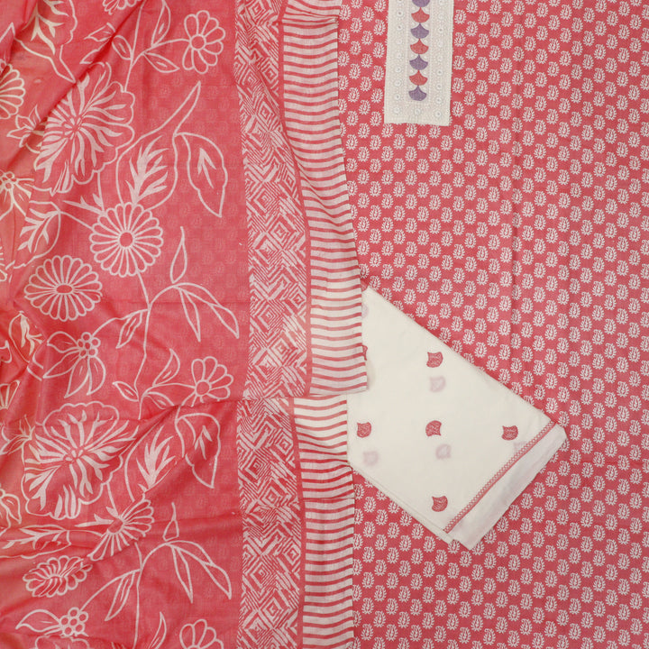 Farhana Coral Blush Lace Patch Neck in Printed Cotton Suit Set