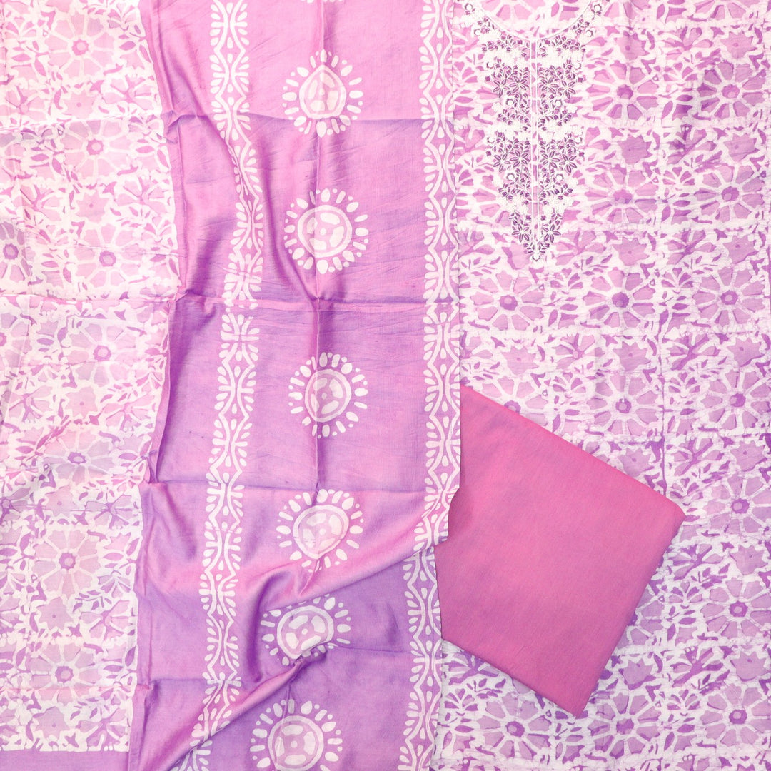 Sadhna Orchid Purple Thread Embroidered Neck Batik Print Cotton Suit Set