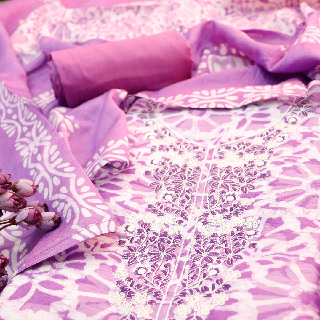 Sadhna Orchid Purple Thread Embroidered Neck Batik Print Cotton Suit Set