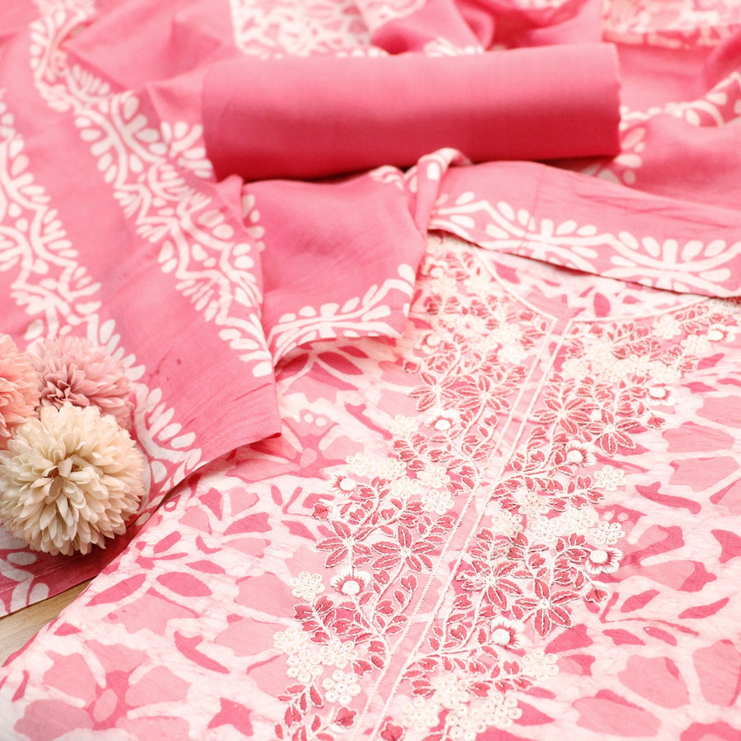 Sadhna Candy Pink Thread Embroidered Neck Batik Print Cotton Suit Set