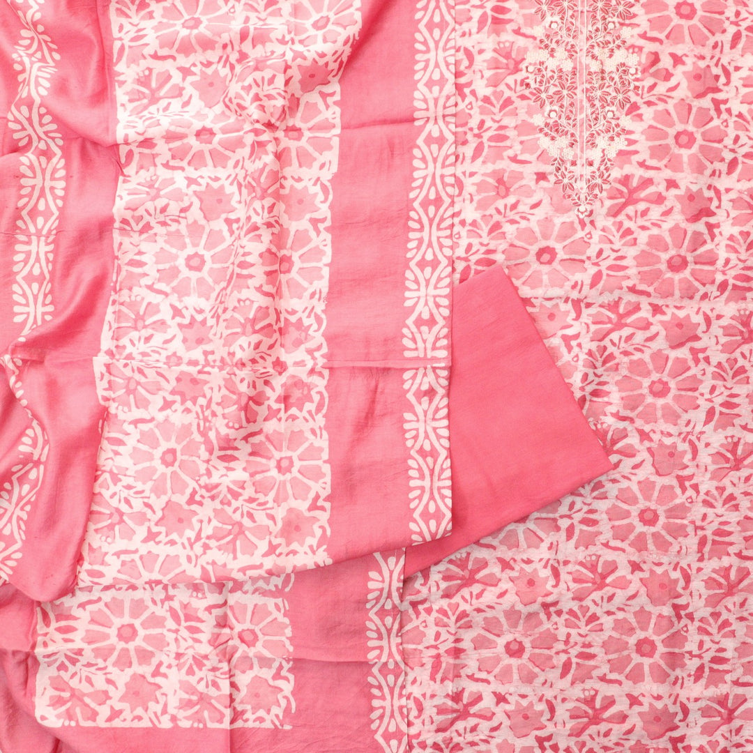 Sadhna Candy Pink Thread Embroidered Neck Batik Print Cotton Suit Set