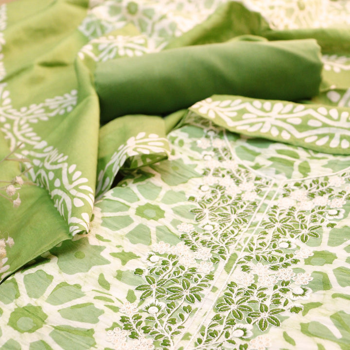 Sadhna Parrot Green Thread Embroidered Neck Batik Print Cotton Suit Set
