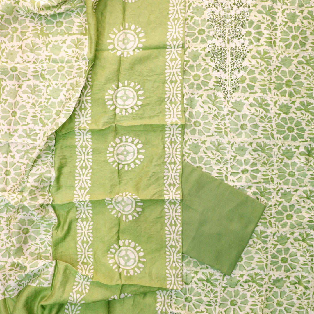 Sadhna Parrot Green Thread Embroidered Neck Batik Print Cotton Suit Set