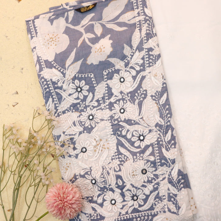 Kush Grayish Blue Floral Print Thread Embroidered Work Neck Cotton 2 Piece Set