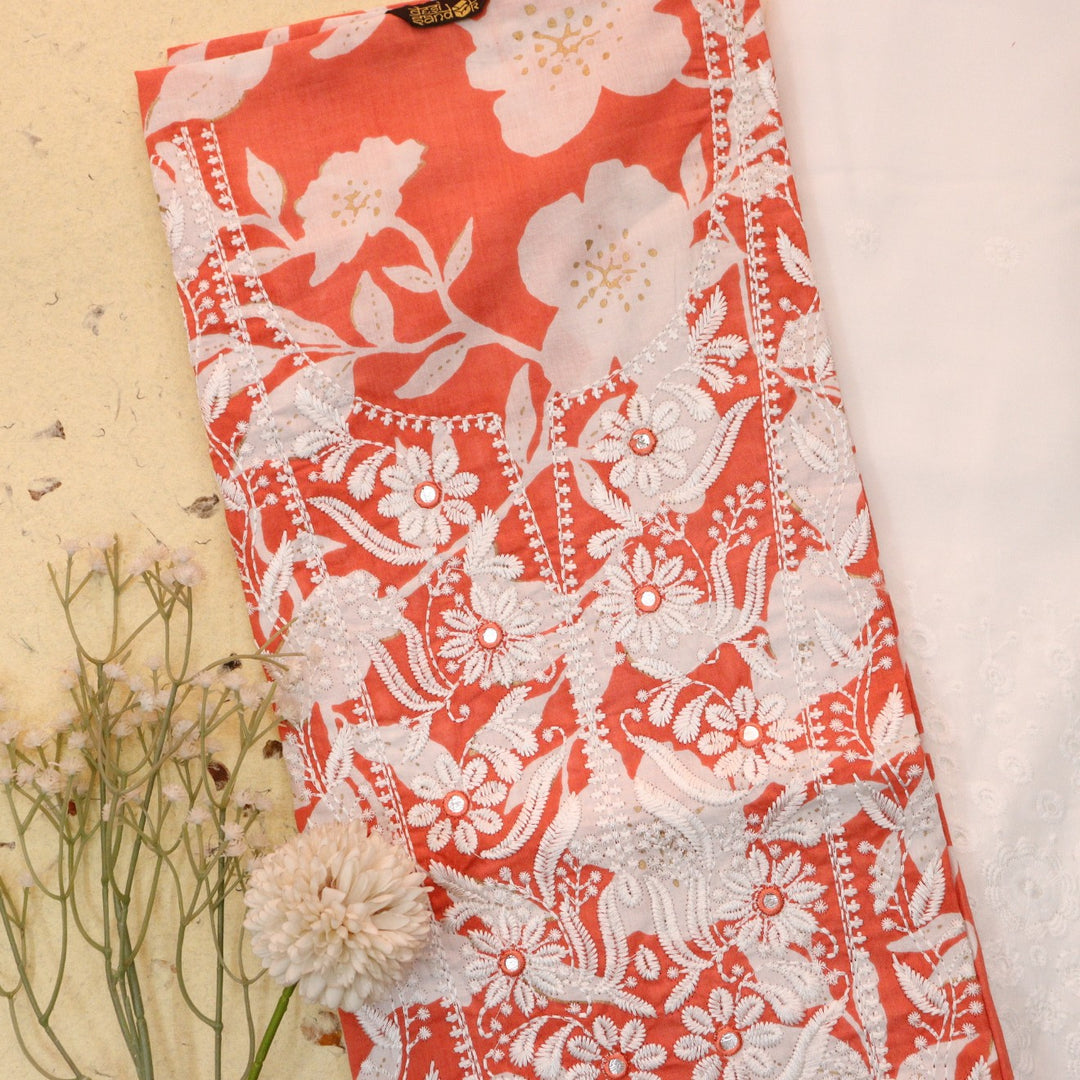 Kush Pumpkin Orange Floral Print Thread Embroidered Work Neck Cotton 2 Piece Set