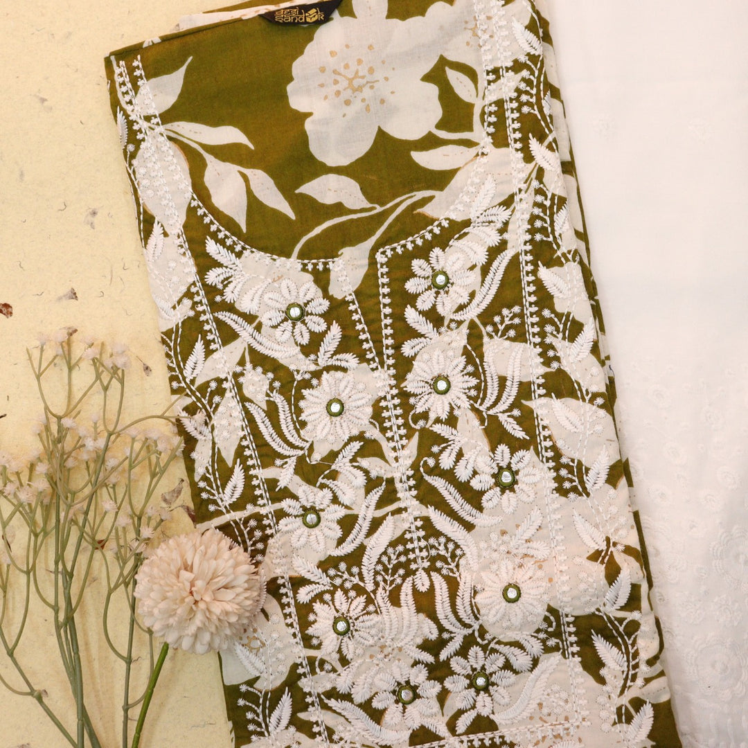 Kush Leaf Green Floral Print Thread Embroidered Work Neck Cotton 2 Piece Set