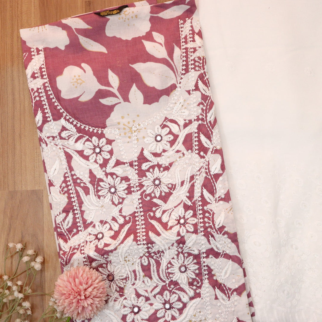 Kush Mulberry Mauve Floral Print Thread Embroidered Work Neck Cotton 2 Piece Set