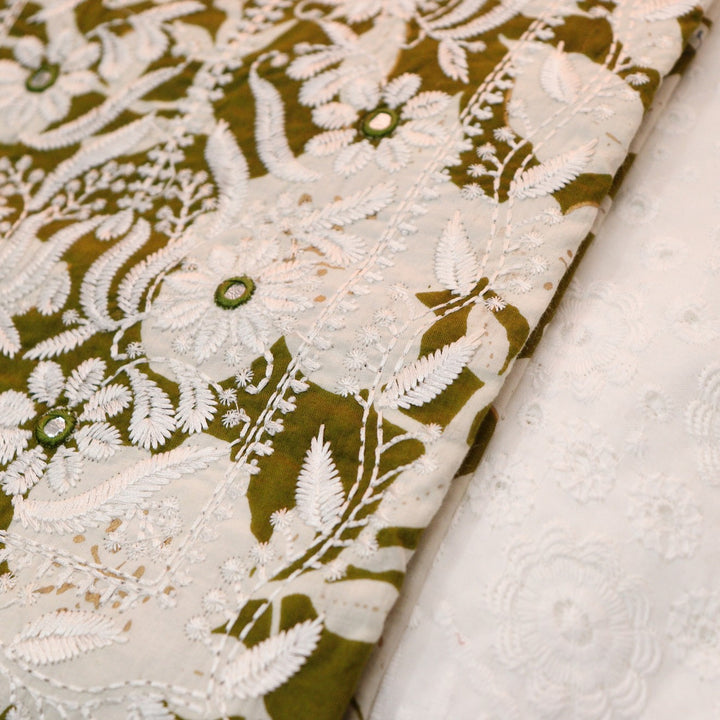 Kush Leaf Green Floral Print Thread Embroidered Work Neck Cotton 2 Piece Set