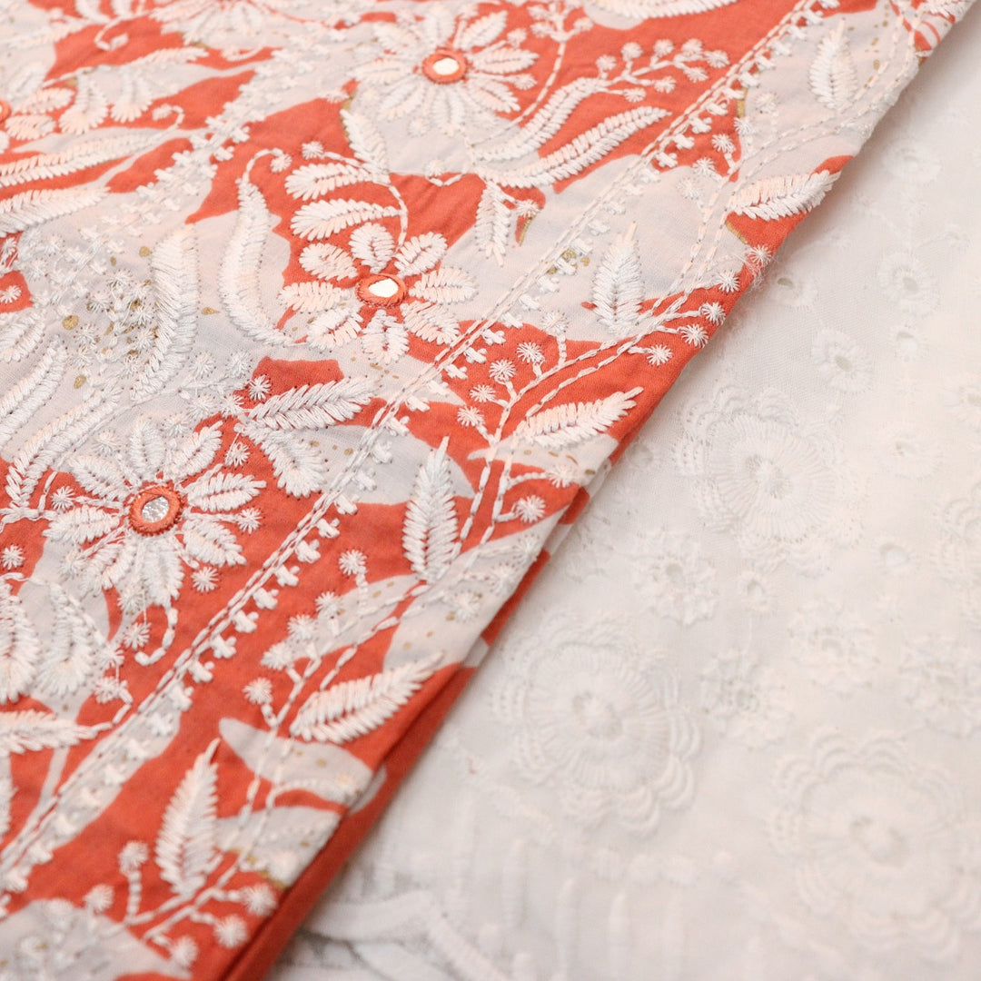 Kush Pumpkin Orange Floral Print Thread Embroidered Work Neck Cotton 2 Piece Set