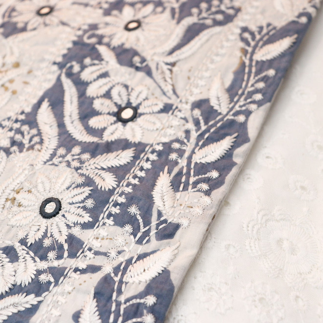 Kush Grayish Blue Floral Print Thread Embroidered Work Neck Cotton 2 Piece Set