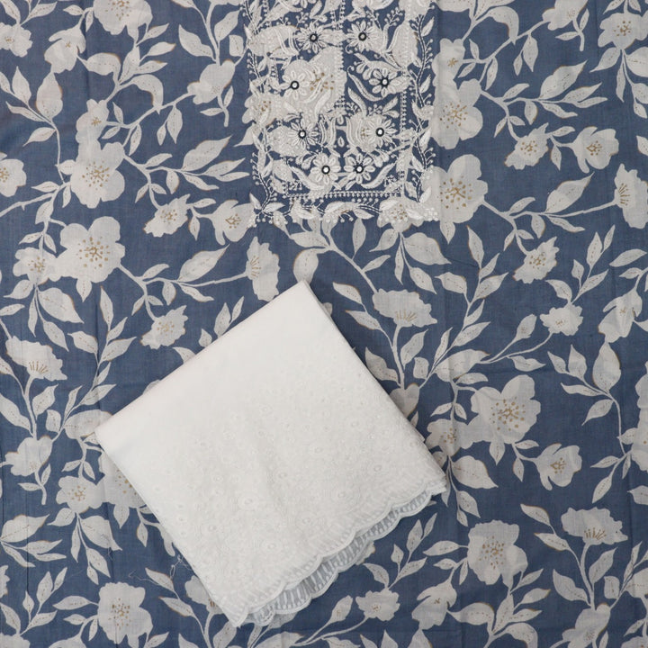 Kush Grayish Blue Floral Print Thread Embroidered Work Neck Cotton 2 Piece Set